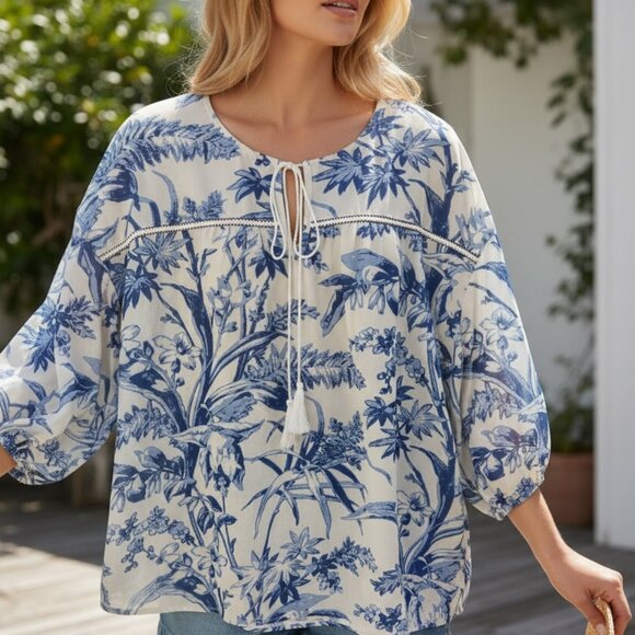 Weekend Suzanne Betro Tops - Weekend Suzanne Betro Blue Floral Blouse XL Boho Tie Neck Top
